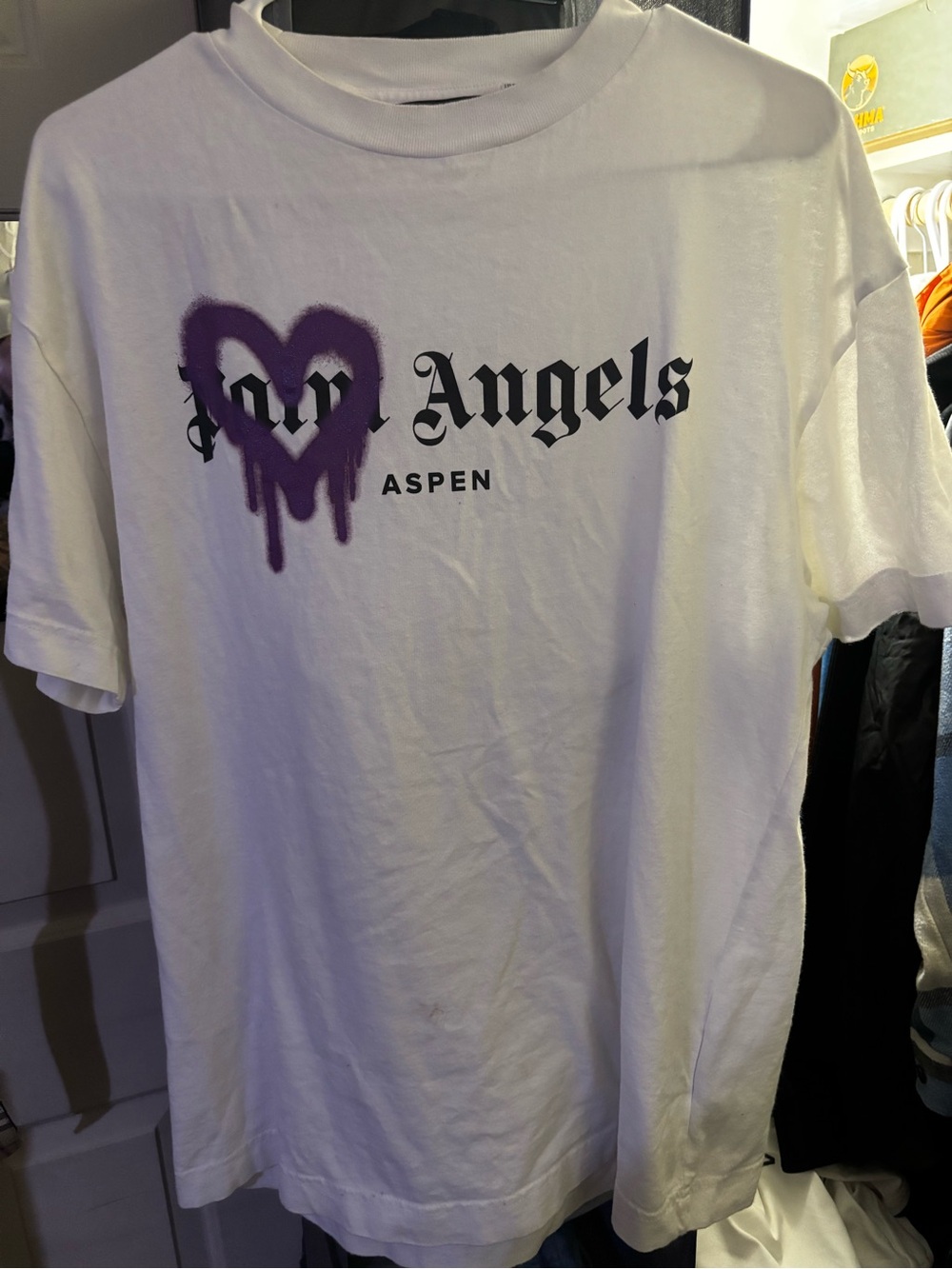 Palm Angels White Tee with Purple Heart and Black Logo